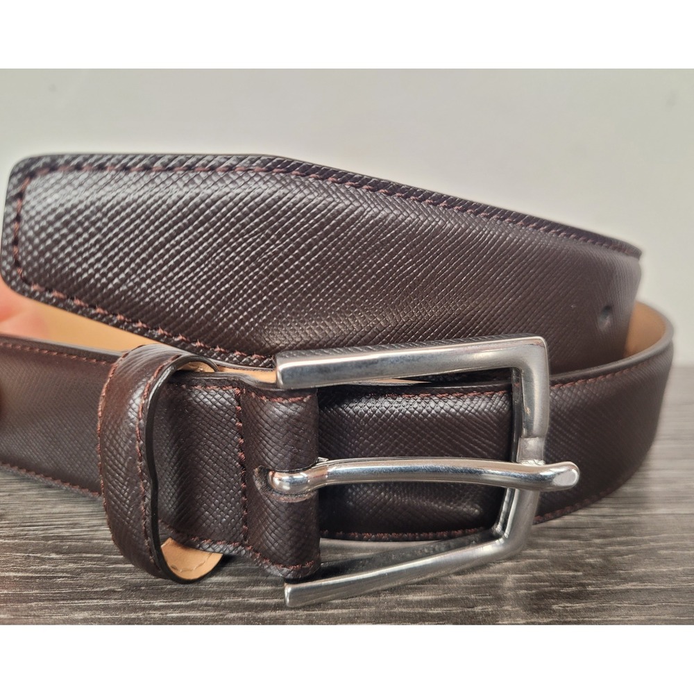 Jos A Bank Signature Leather Belt Men 32 Dark Brown Saffiano Made in Italy